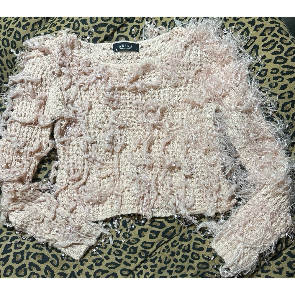 Akira‎ Boutique Betty Light Pink Cropped Shag Sweater, Medium